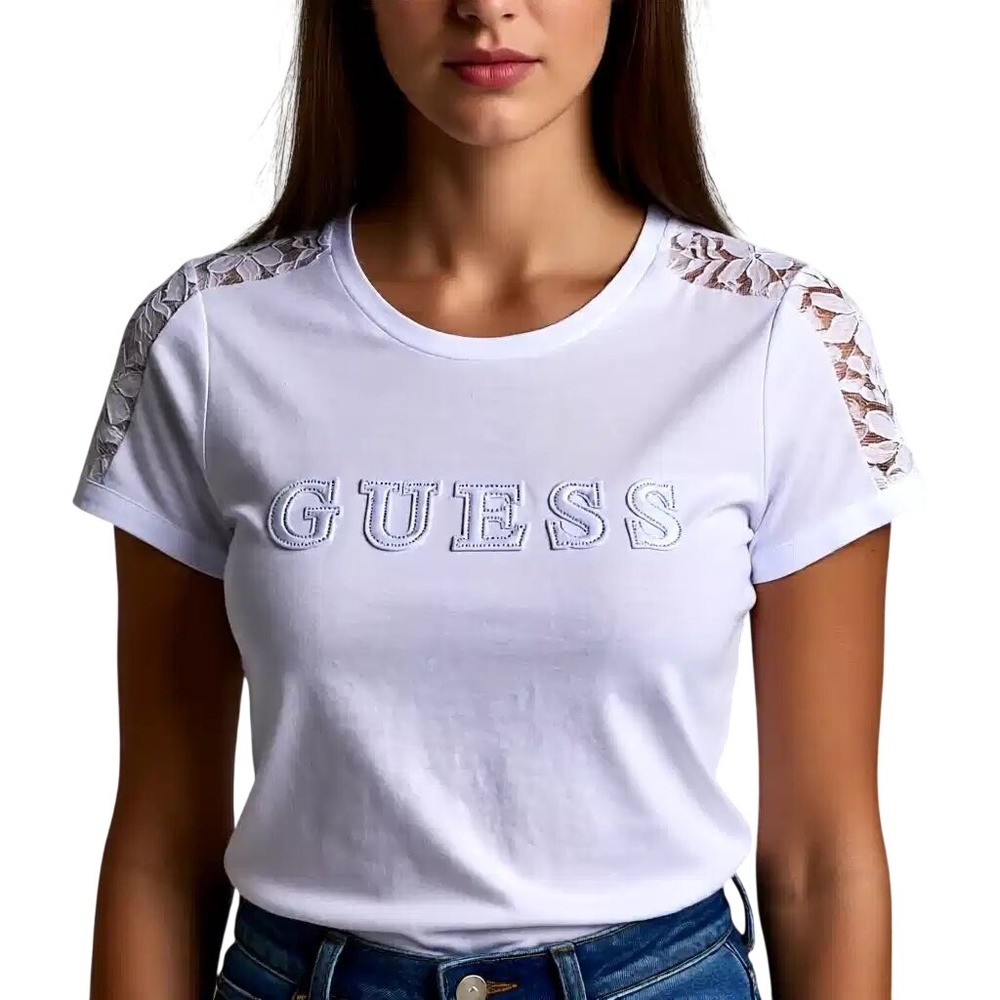 Guess Los Angeles Womens White Lace Shoulder Rhinestone Logo T-Shirt Size L NWT